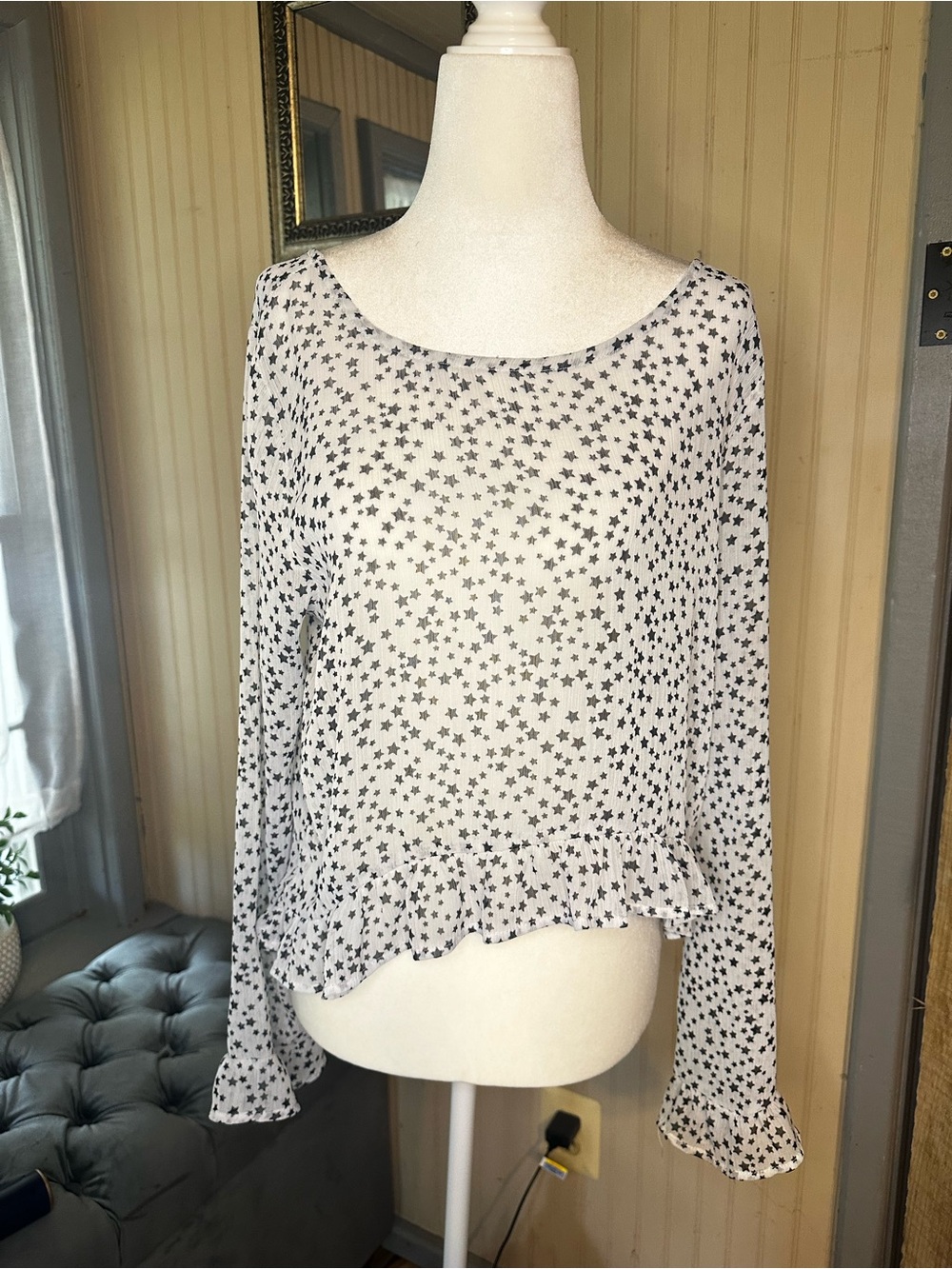 Wild Fable Star Print Peplum Blouse Medium Sheer Long Sleeve Y2K Coquette Top